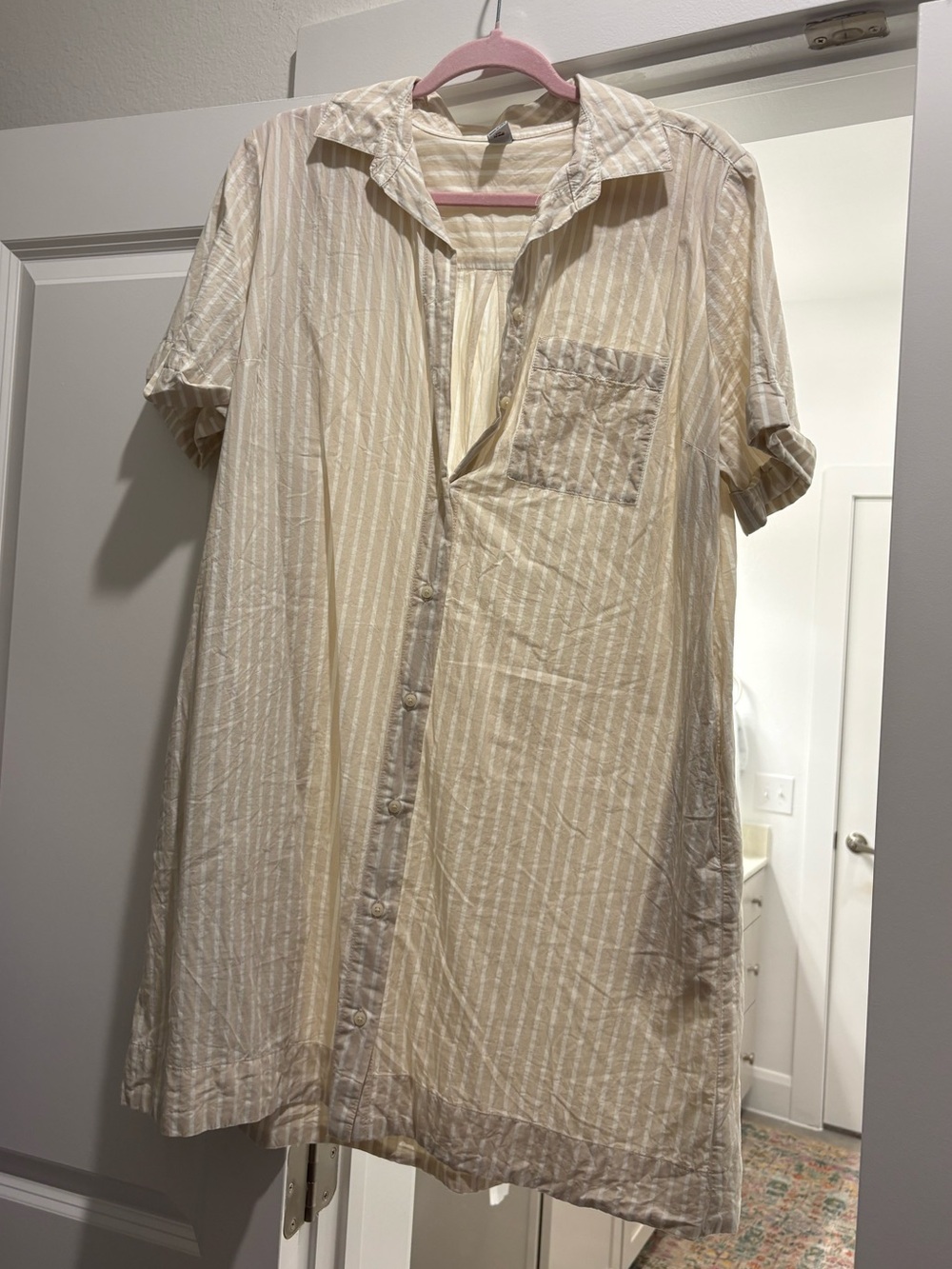 Old Navy Cream and White Striped Mini Shirt Dress